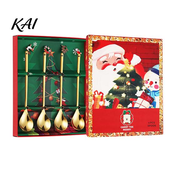 Kitchen Gadgets for Parties 4Pcs Christmas Stainless Steel Spoons, Coffee Stirring Xmas Dessert Teaspoons Serving Spoons with Gift Box, Holiday