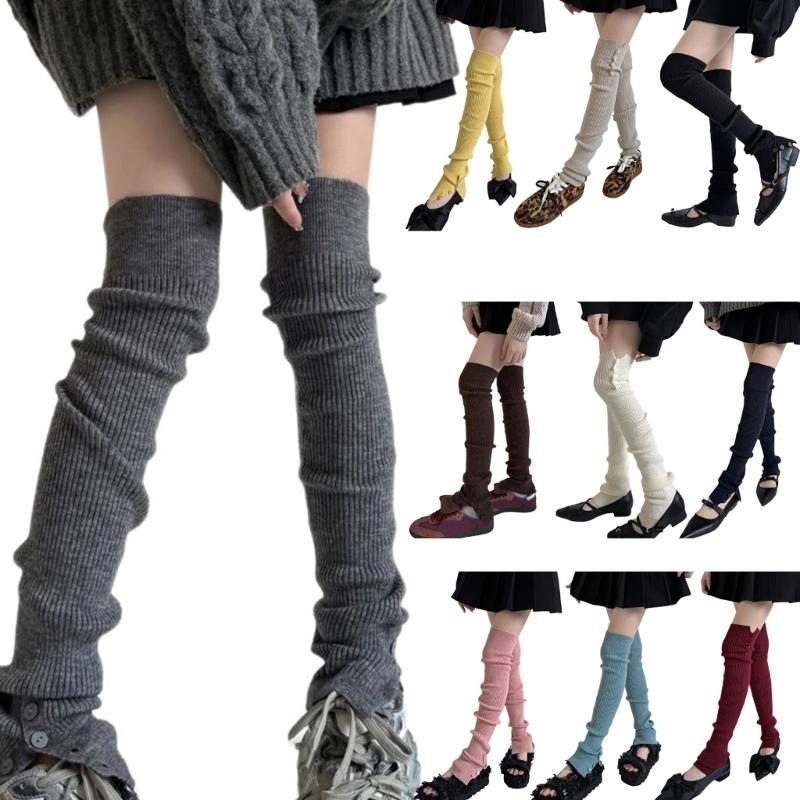 Japanese Ballet Styles Thigh High Leg Warmer Ribbed Knitted Split Buttons Over Knee Footless Socks for Fashionable Women