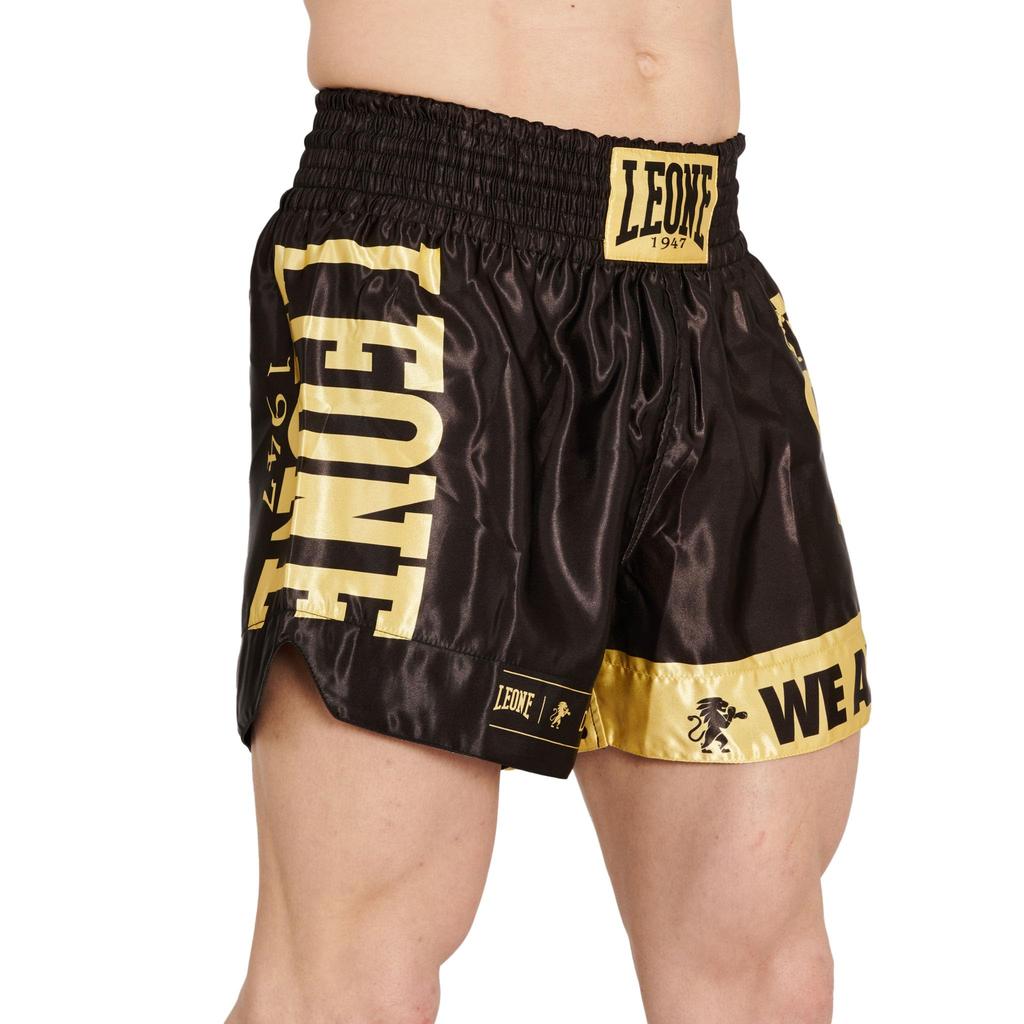 Leone 1947 DNA Shorts, Unisex Muay Thai/Kickboxing Shorts, Satin Fabric with Elastic Waist (Size M), Black/Gold, AB966 [Authentic]