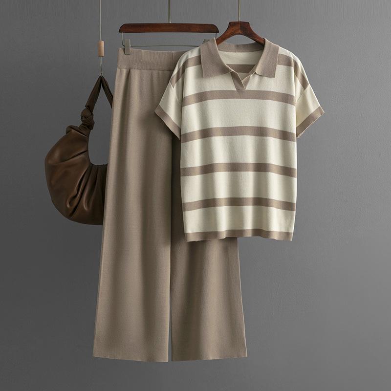 Summer color matching striped collar casual fashion short-sleeved knitted top solid color loose wide-leg pants two-piece set