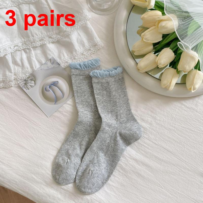 3 Pairs Spring/Summer Women's Thin Hollow-Out Mid-Calf Socks Ballet Bubble Tongue Lace Socks for Girls Women