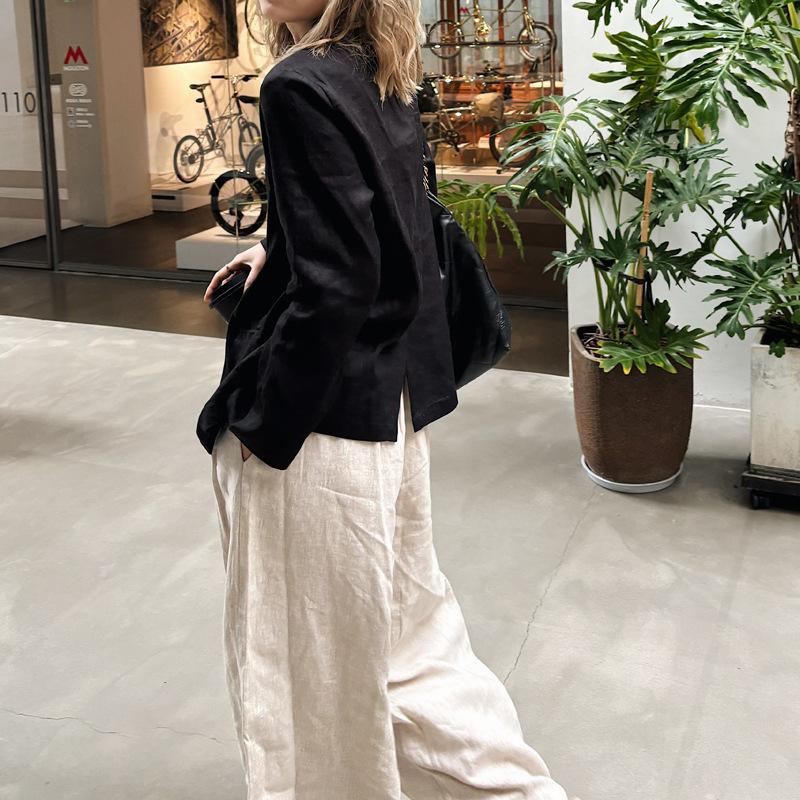 Spring Autumn Women Solid Long Sleeve Stand Collar Loose Shirt Vintage Single Breasted Cotton Linen Casual Blouse Tops