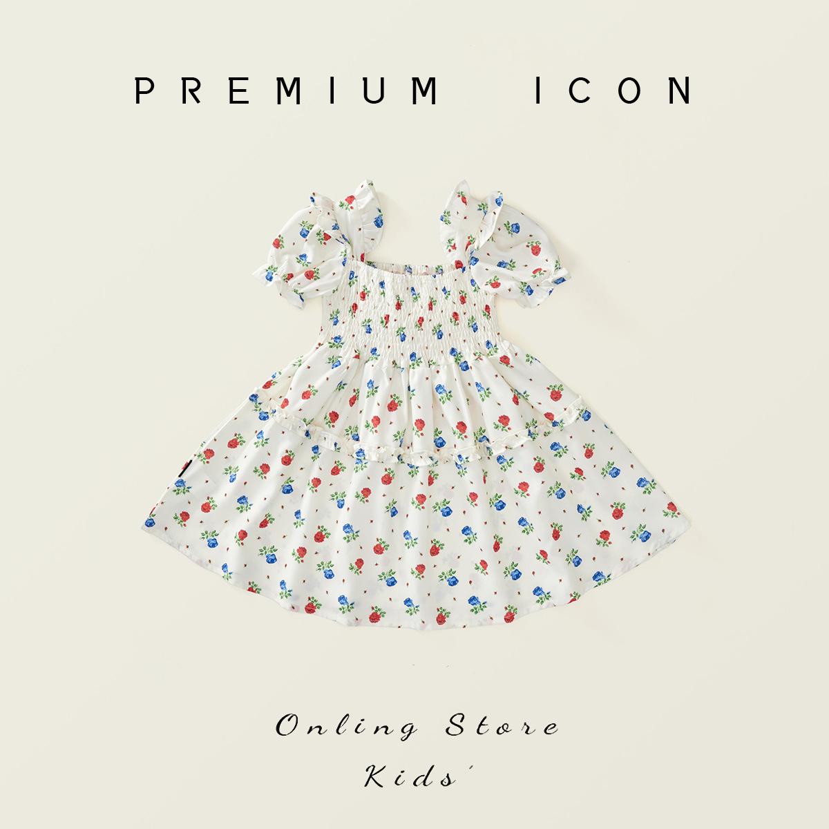 

Clearance: Girls Floral Smocked Short-Sleeve Dress - Summer 2025 Korean Style 130 cm