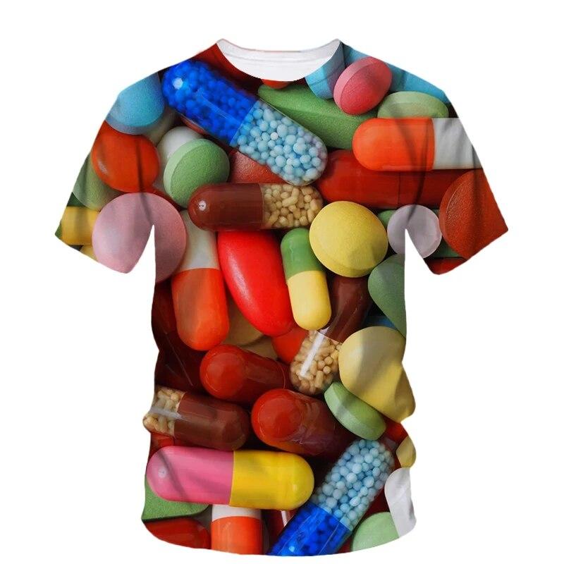 Modne nowe, oryginalność Pill Graphic T-shirty dla mężczyzn Casual Artystyczny trend osobowości Zabawne drukowane koszulki z krótkim rękawem i okrągłym dekoltem