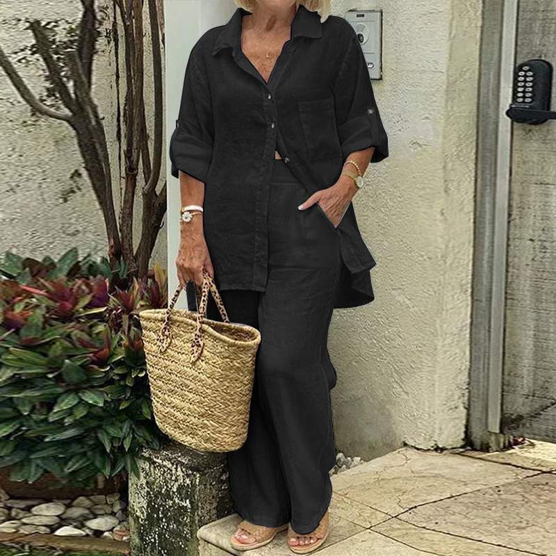 Elegant Solid Cotton Linen Shirt 2 Piece Set For Women Casual Outfits Autumn Long Sleeve Pocket Top Wide Leg Pants Suits Female