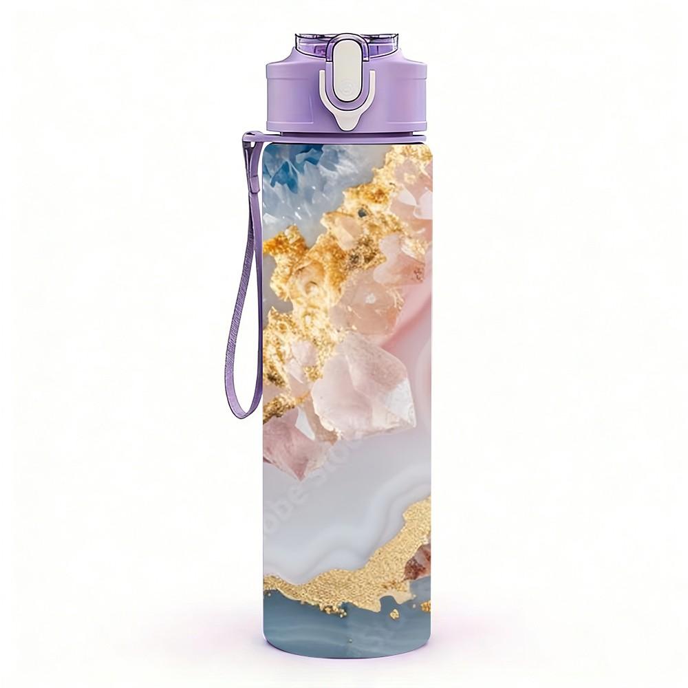 1PC Beige Gold Geode Marble Pattern 750ml Color Plastic Sports Water Bottle Leakproof Flip Straw Lid Suitable for Sports Office Home Use