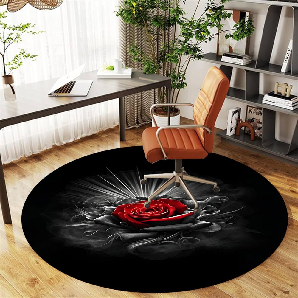 1PC Red Rose Black Background Round Chair mat Area Rug - Non-Slip, Floor Mat for Office, Bedroom, home decor Christmas Gift c0528062
