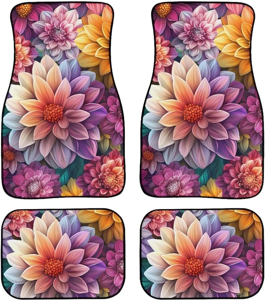 Universal Fit Auto Carpet Floor Mats Set of 4 for Women Girls Decorative Boho Floral Print Car Floor Mats Front & Rear Liners Set