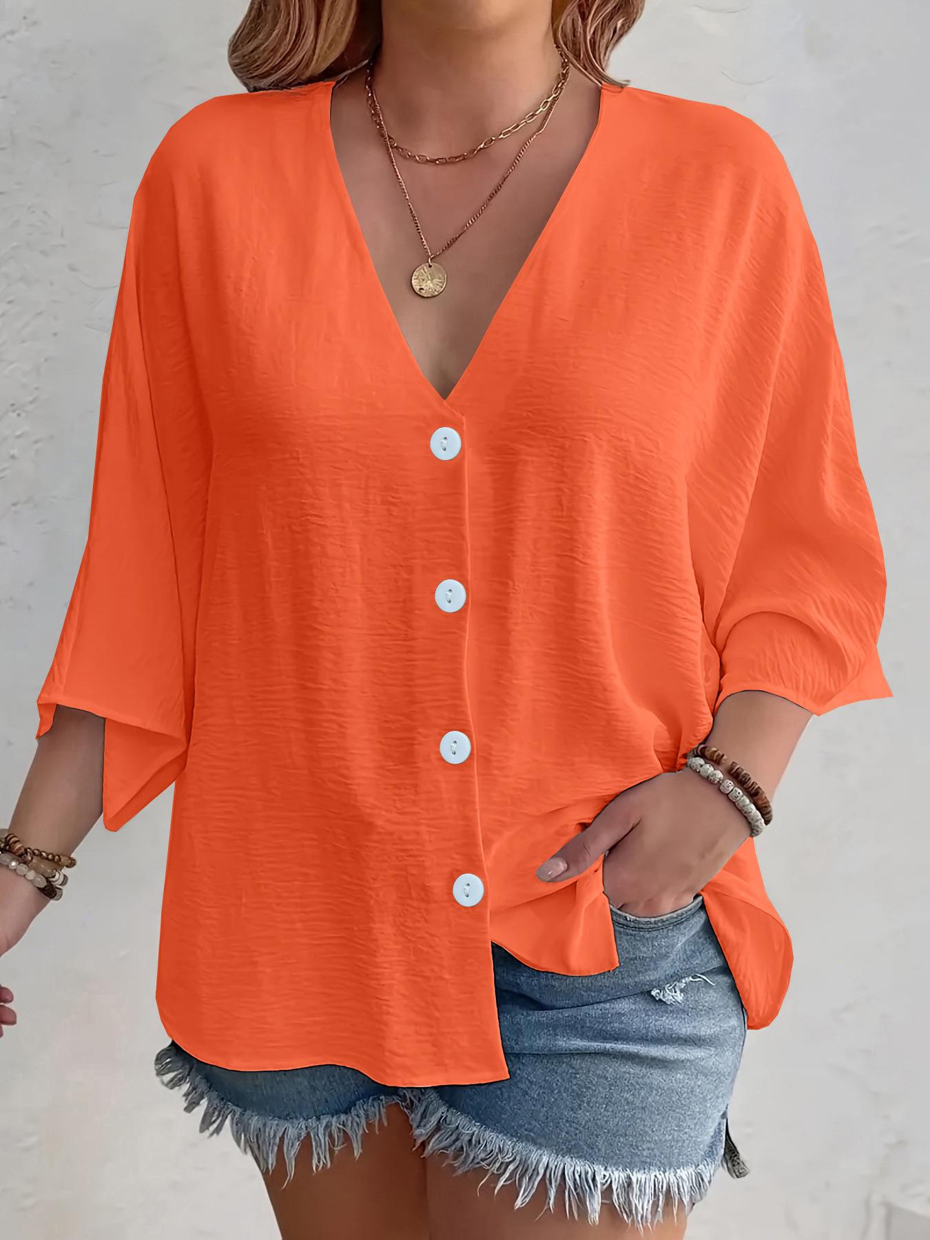 

2025 Spring and Autumn V-neck Button Ice Silk Wrinkled Cardigan - Solid Color, Long Sleeve for Women L помаранчевий