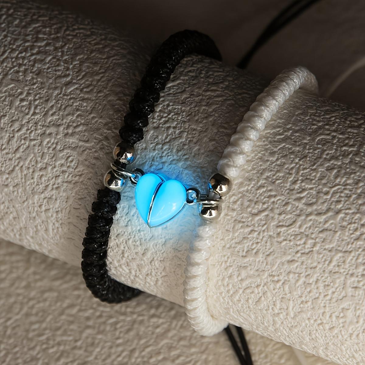 

Glow-in-the-Dark Heart Charm Adjustable Woven Couple S Bracelets, Simple Style, for Daily Wear & Valentine S Day Gift, All Seasons