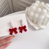 Temperament Red Plush Bowknot Pearl Stud Earrings for Women Vintage Cute Drop Dangle Earring Party Jewelry Fashion Accessories