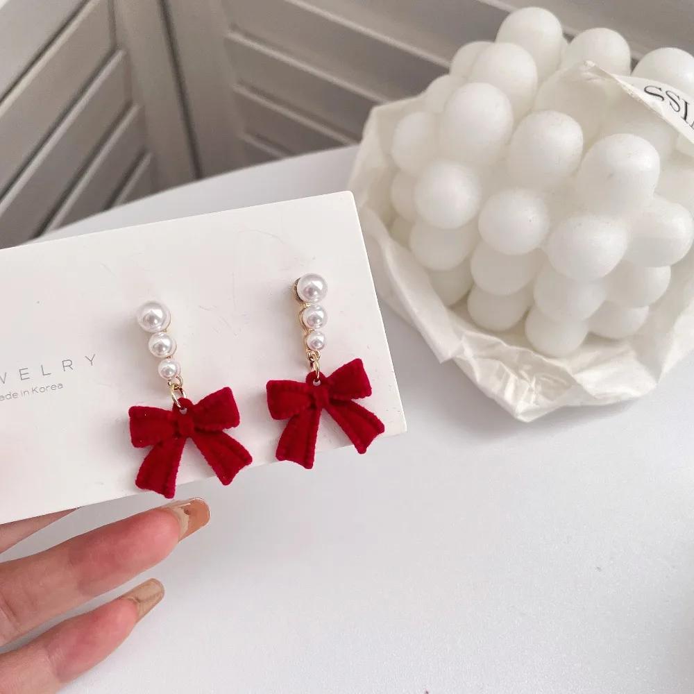 Temperament Red Plush Bowknot Pearl Stud Earrings for Women Vintage Cute Drop Dangle Earring Party Jewelry Fashion Accessories