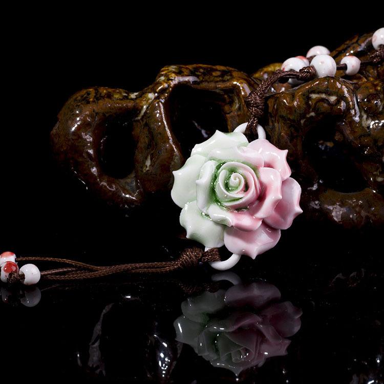 Classical Ceramic Blue and White Porcelain Peony Flower Necklace Women's Literary Retro Versatile Long Sweater Chain Accessories