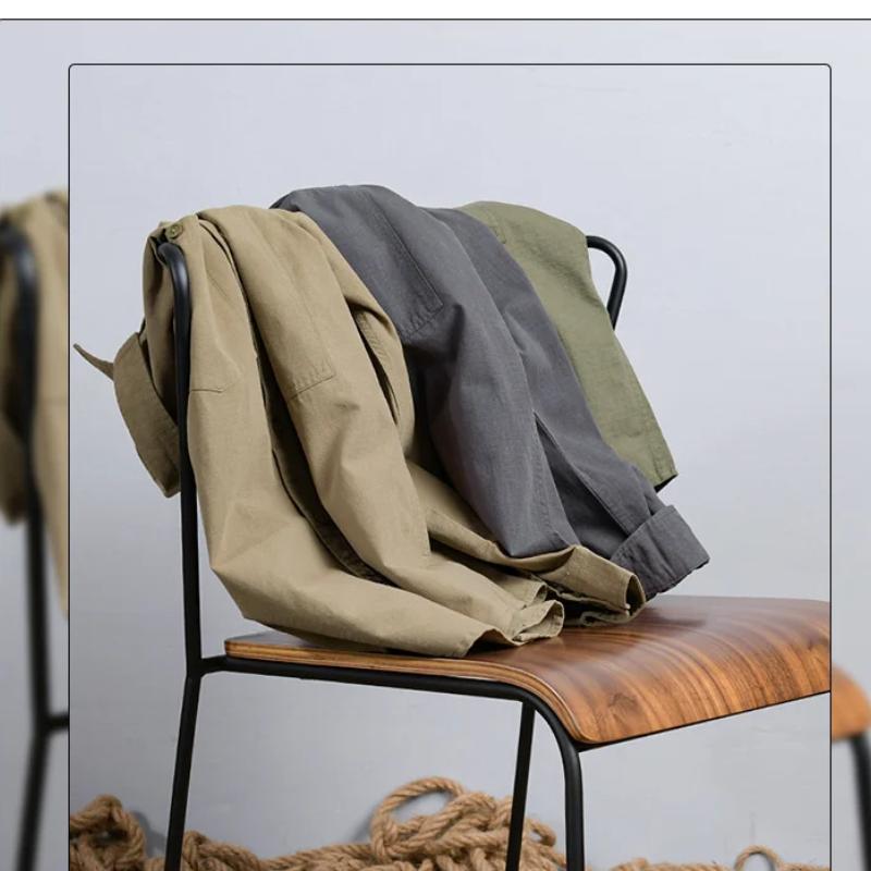 Retro Style Cargo Shirts for Men Spring/autumn Casual 100Cotton Long Sleeve Solid Color Shirt with Pocket Korean Fashion Youth Men Clothing