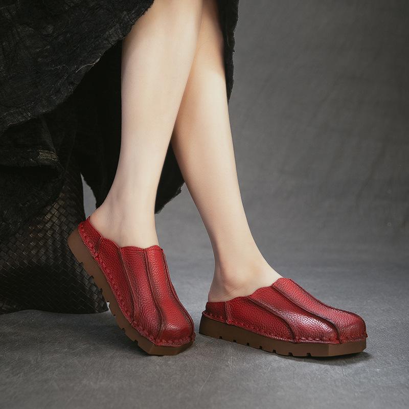2026 Summer New Arrival Genuine Leather Women Mules Shell Toe Ethnic Style Flat Sandals Breathable Comfortable Outdoor Shoes