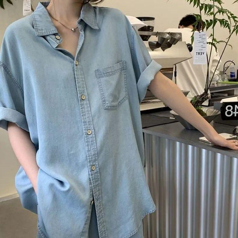 

Двухпредметный комплект из джинсы Tencel: Женская футболка с коротким рукавом и шорты, стиль лета 2025 M (80-95kg)