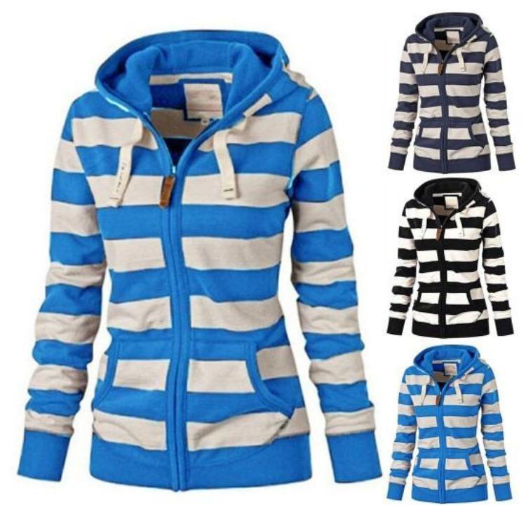 Winter Fashion Women Hoodie Coat Striped Print Long Sleeves Drawstring Pockets Zipper Closure Sweatshirt Jacket Autumn Winter