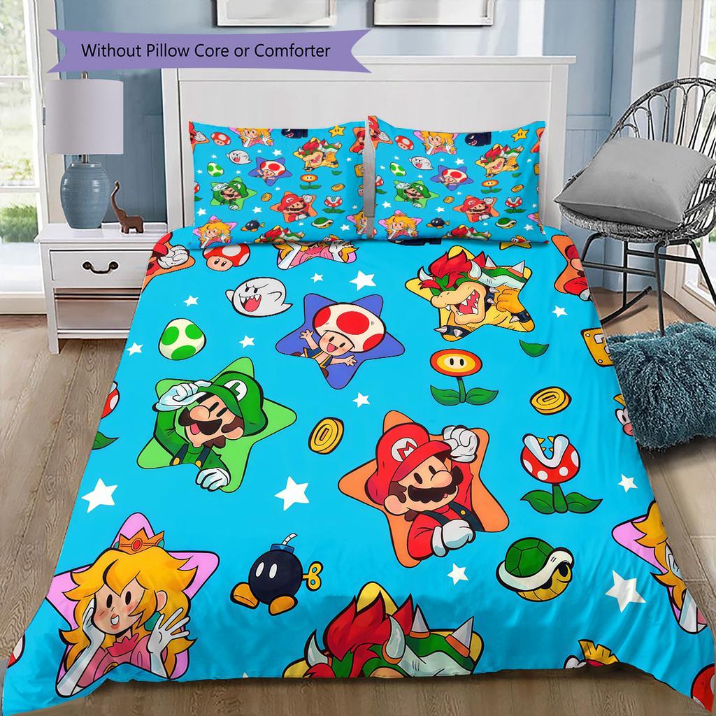 Super Mario All-Star Full Print Bedding Set, 1 Duvet Cover & 2 Pillowcases, Cozy Home Use, Great Gift for Game Fans