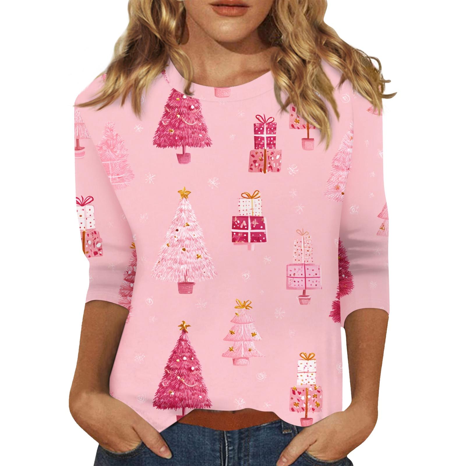 

Женский топ с круглым вырезом и рукавом 3/4 с рождественским принтом S красный