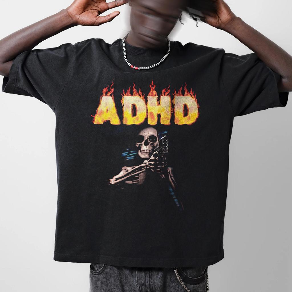 Funny ADHD Skeleton Graphic Tee Overstimulated Meme Shirt Summer Mens and Womens Loose and Breathable Tshirt Top