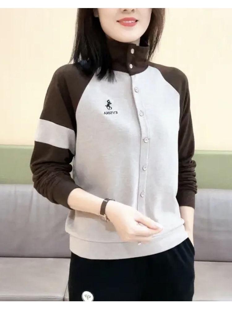 Hanorac lejer patchwork color block cu guler turn-down mărime plus pentru mame