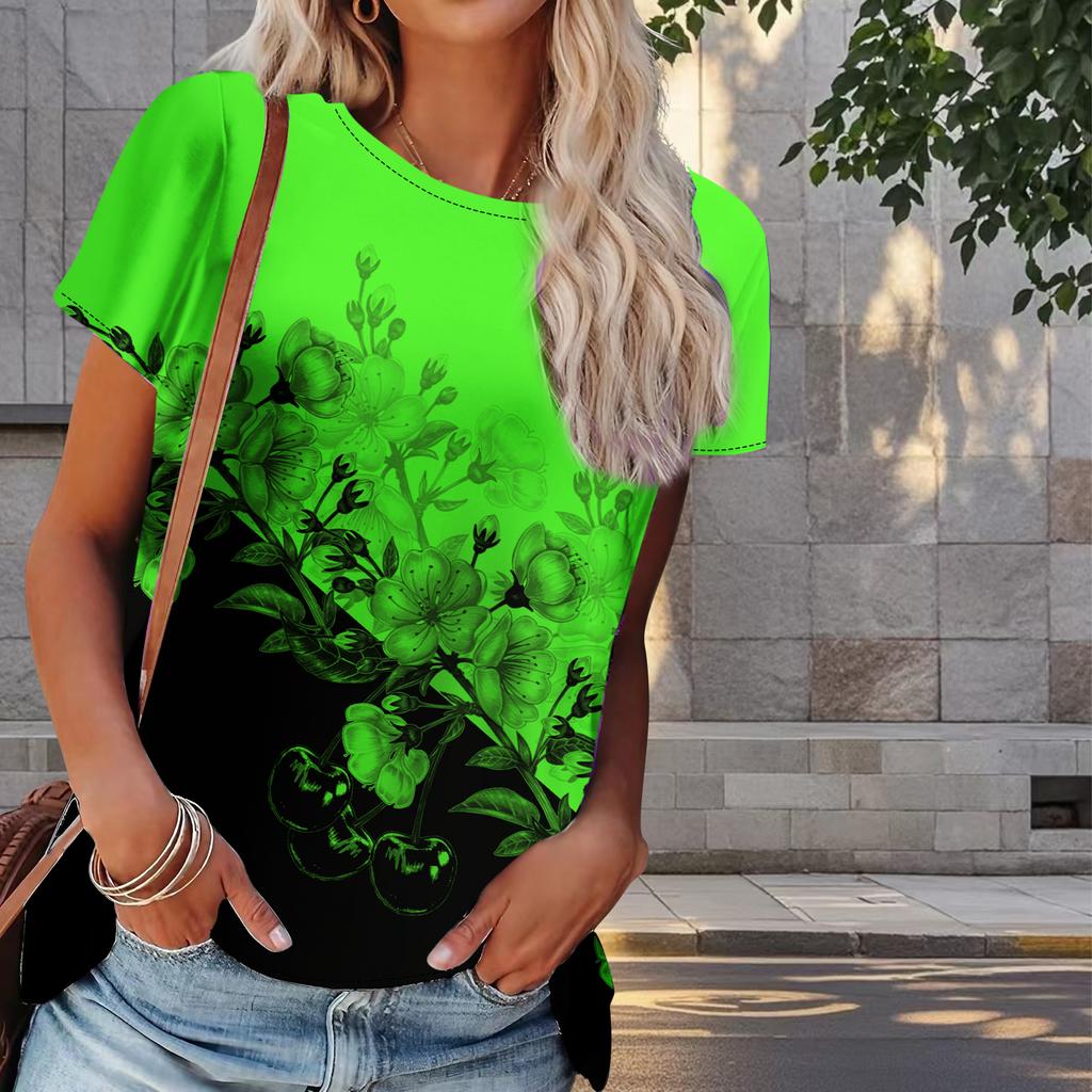 Women Summer T Shirt Flower Print Retro Fashion Short Sleeve Tees Casual   Printed  Tops