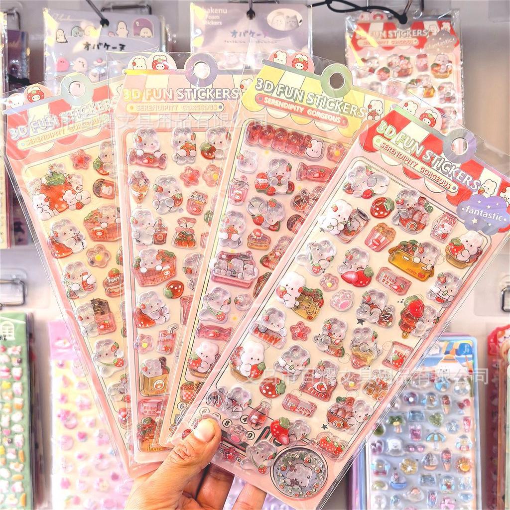 New Authentic 3D Crystal Solid Strawberry Rabbit Embossed Cartoon Stickers For Kids Students Reward Phone Case Decorative Decals