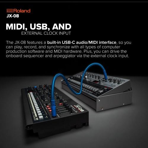Roland JX-08 Synthesizer: Authentically Reproduces the Sound of the JX-8P, Battery-Powered, and Equipped with a Portable Speaker