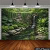 2D Serene Jungle Pond Waterfall with Mossy Rocks Backdrop Photo Background