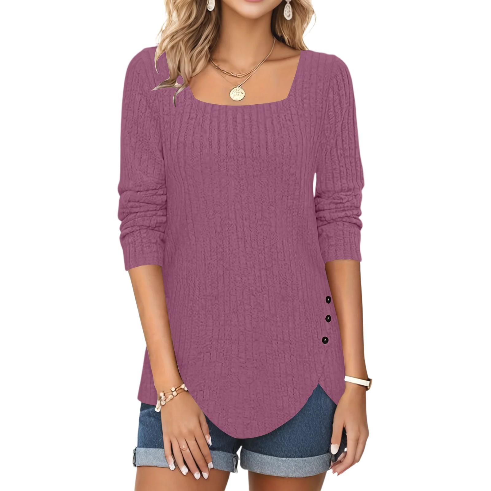 

Женская мода квадратный вырез однотонный флис длинный рукав декоративный пуговицы подола разрез топ XL фиолетовый