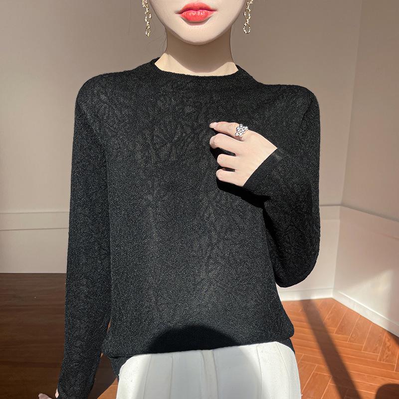 

Женский трикотаж из тонкой мериносовой шерсти с длинным рукавом - Весенняя мода 2025, Нежный узор, Приятный к коже топ для нижнего белья L чёрный