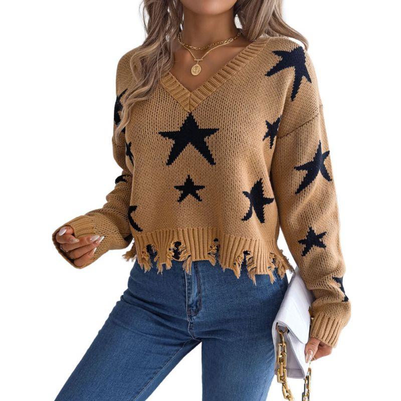 Women's V-Neck Star-Print Sweater Ragged Hem Style Long Sleeves Knitted Pullover