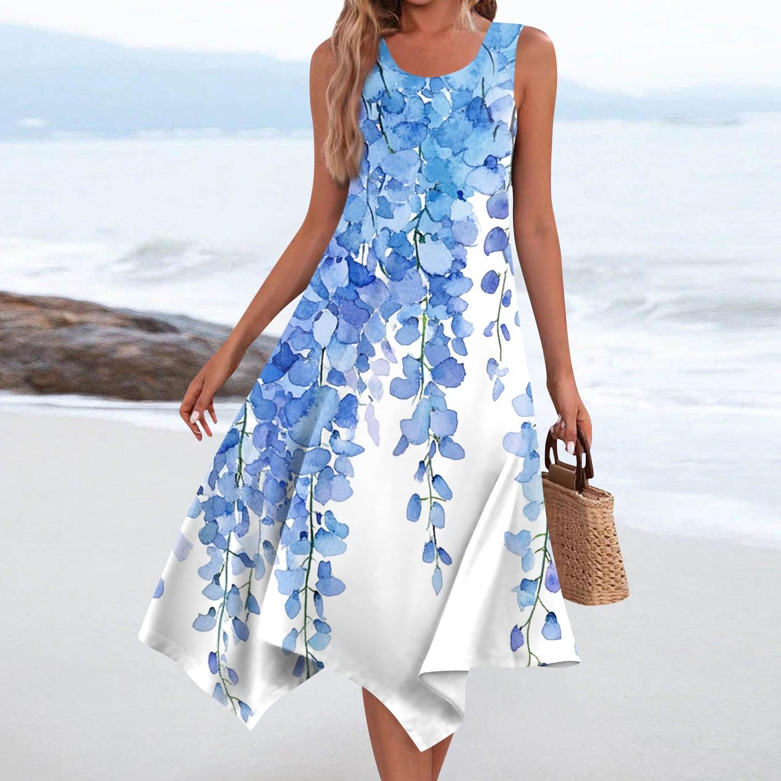 

Женское повседневное модное платье средней длины с круглым вырезом без рукавов с винтажным цветочным принтом и неровным подолом L синий