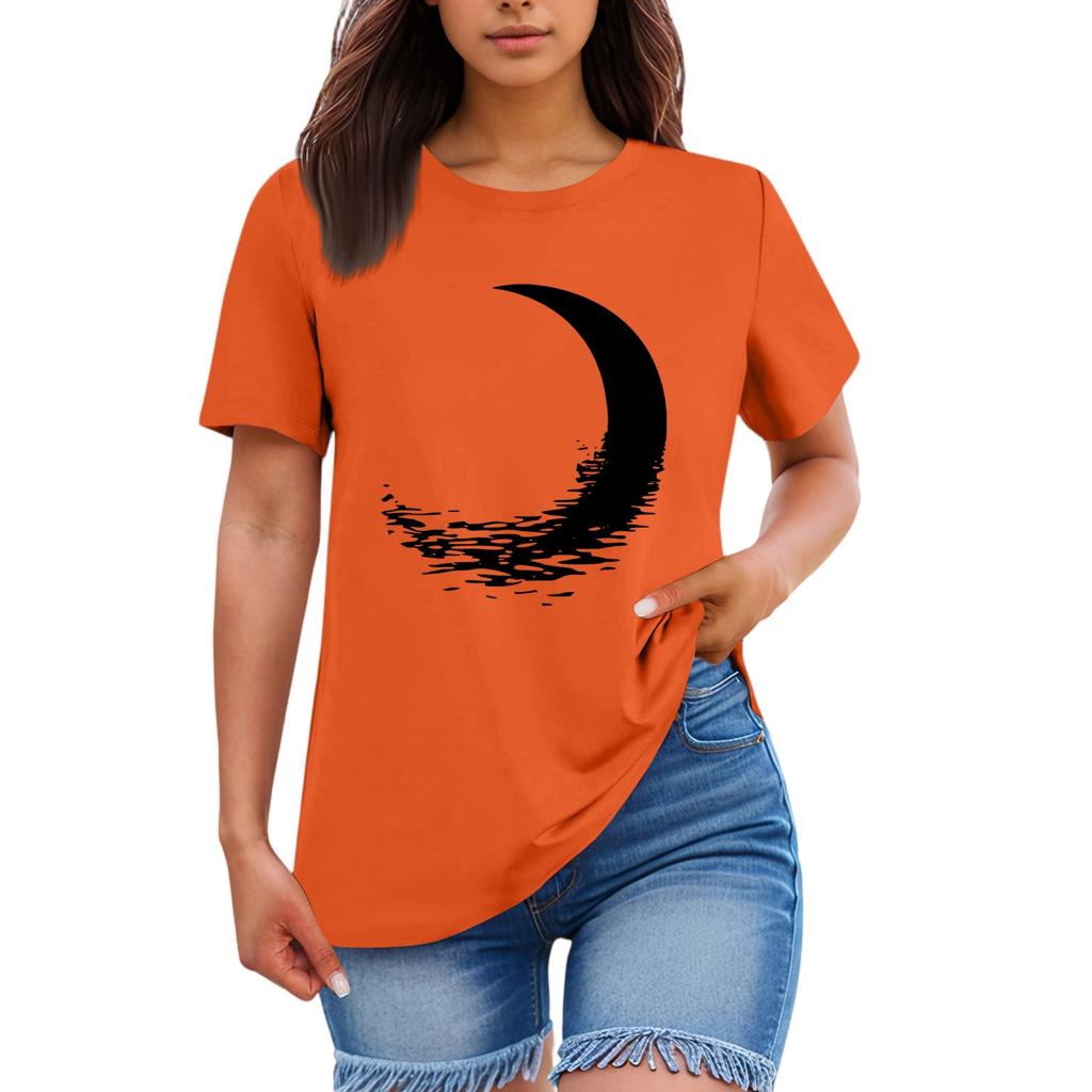 Ladies' Loose Comfortable Casual Fashionable  Moon Pattern Printed Round Neck Short Sleeved Shirt