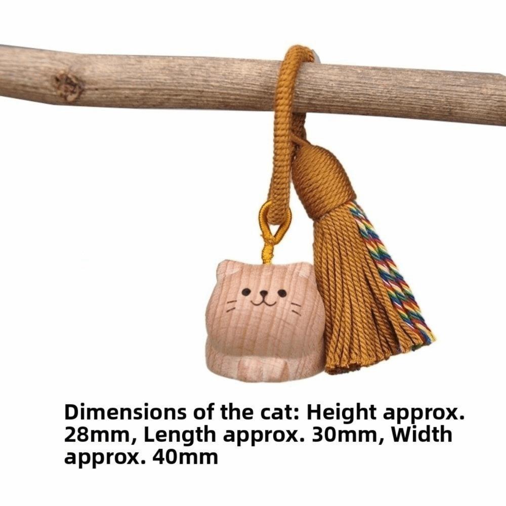 

Handcrafted Wooden Cat Pendant Keychain Tassel Detail Art Wood Carved Cat Keychain Hand Carved Money Catching Cat Pendant