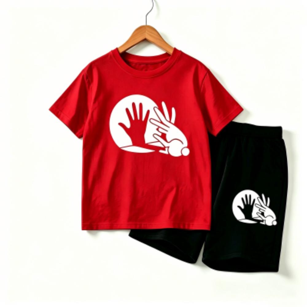 Rabbit Shadow Print Outdoor Street Kids T-shirt and Shorts Summer Home Casual Outfit Boy and Girl's Sports Set