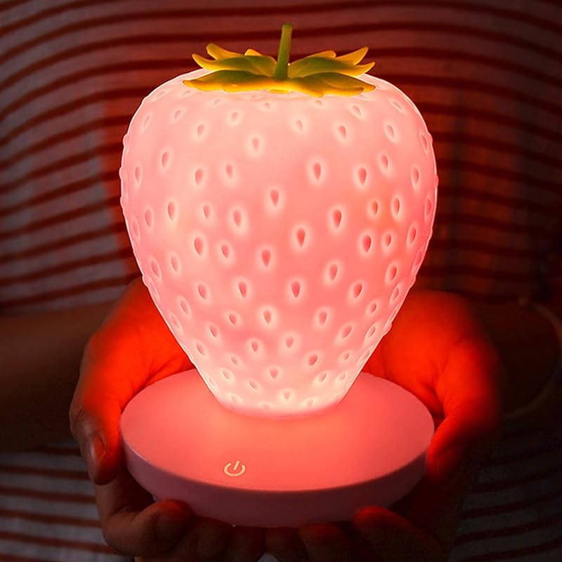 Strawberry Night Light, Cute Silicone Strawberry Lights Kawaii Room Decor, USB Rechargeable Bedside Lamp 3 Gear Touch Lighting, Cute Strawberry Gifts