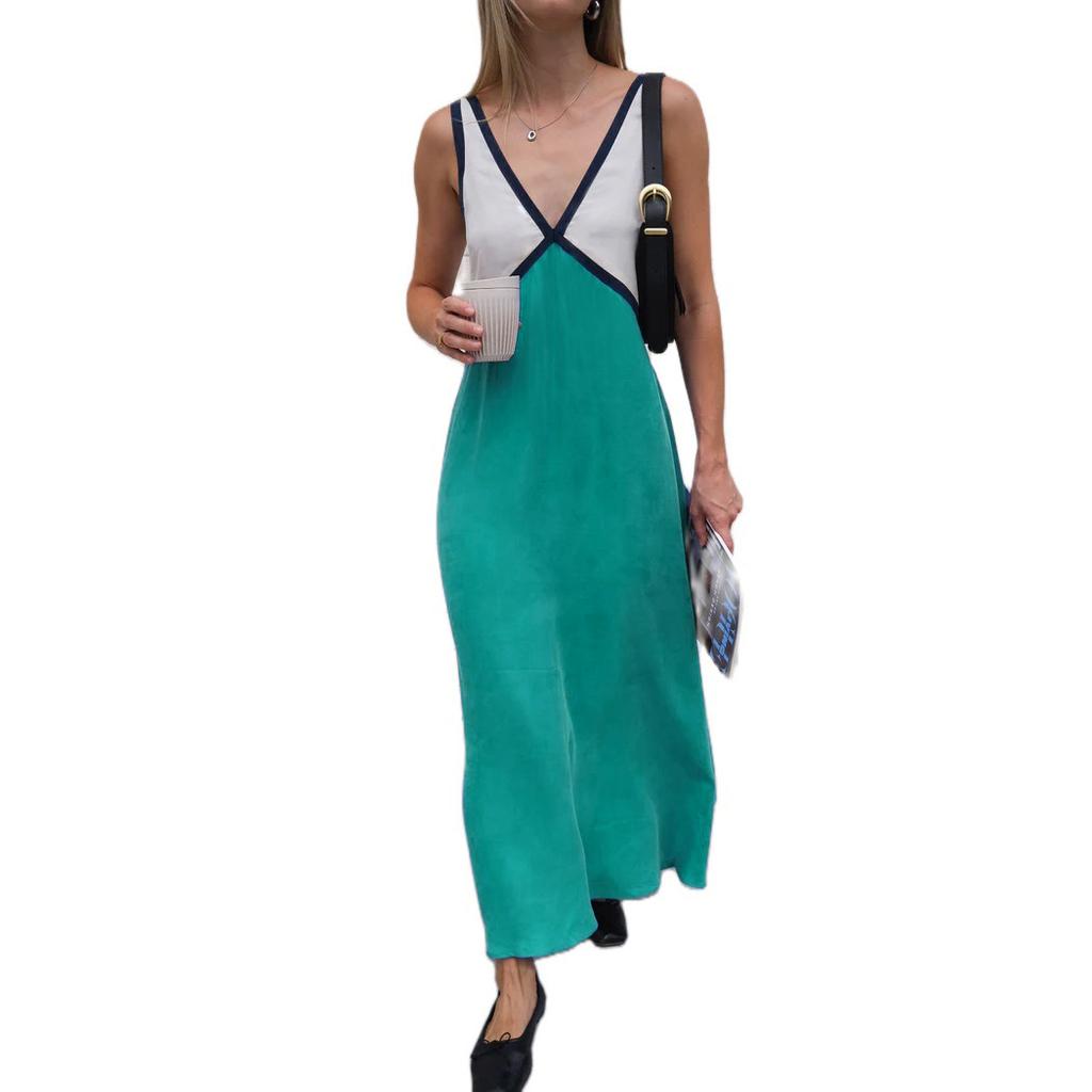 Women's Summer Color Block V Neck Sleeveless Tank Maxi Dress Loose Casual Vacation Beach Long Dress for Women