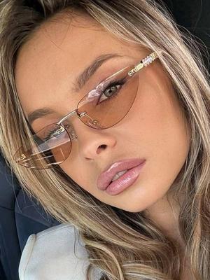 Luxury Designer Rimless Pearl Sunglasses Women Trendy Cat Eye Metal Frameless UV Protection Fashion