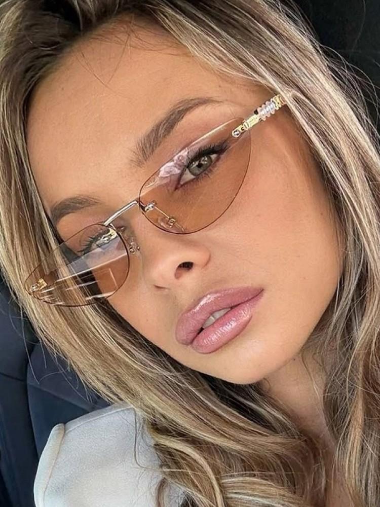 Luxury Designer Style Style Rimless Pearl Sun Glasses Glasses Ladies Fashionable Cat Eye Durable Metal Metal Frameless Sunglasses Latest Arrival