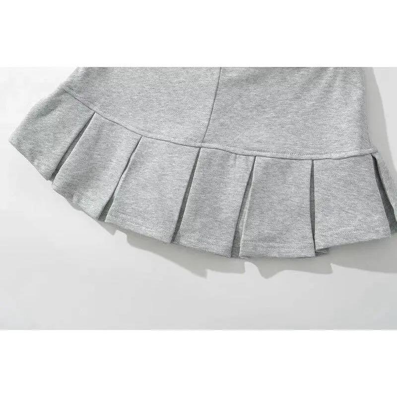 Terry Fabric Y2K Mini Skirt Women Low Waist Wide Pleat Light Grey Sexy Vintage A-line Pleated Skirt Casual Skort Summer