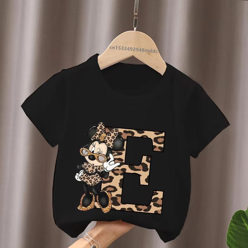 Mouse Leopard Letter A B C Name Print Unisex Women Tops Kids Tshirt Clothes Black Short Sleeve Black T Shirt