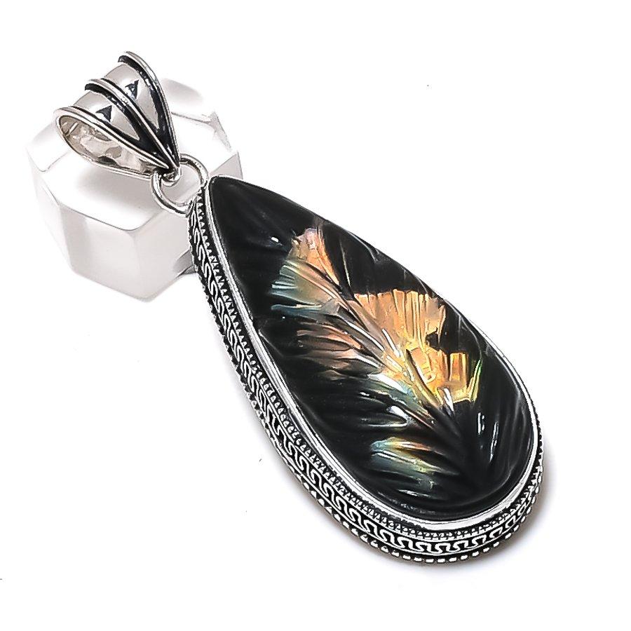 Black Onyx Gemstone 925 Sterling Silver Jewelry Pendant 2.56"