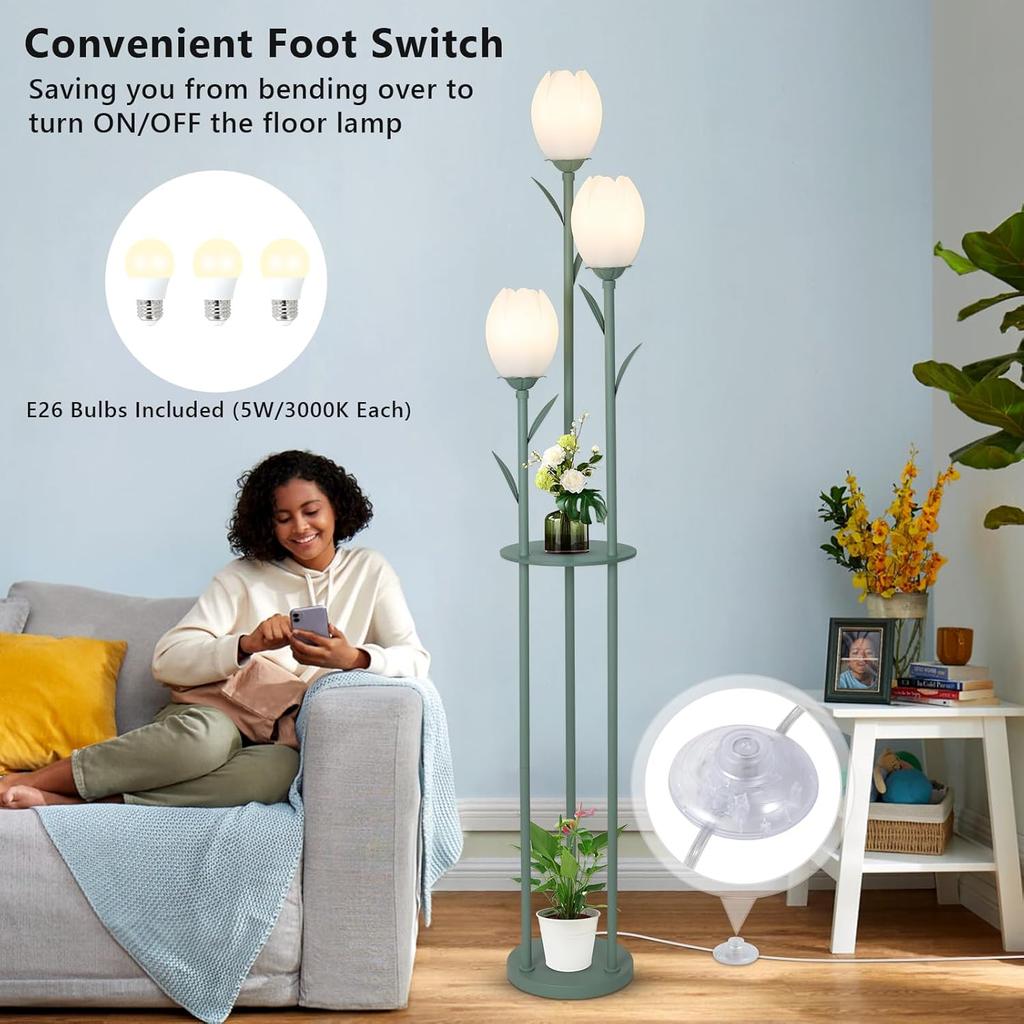 3-Light Flower Floor Lamp, Green Tulip Standing Lamp with Shelves, LED Living Room Decor