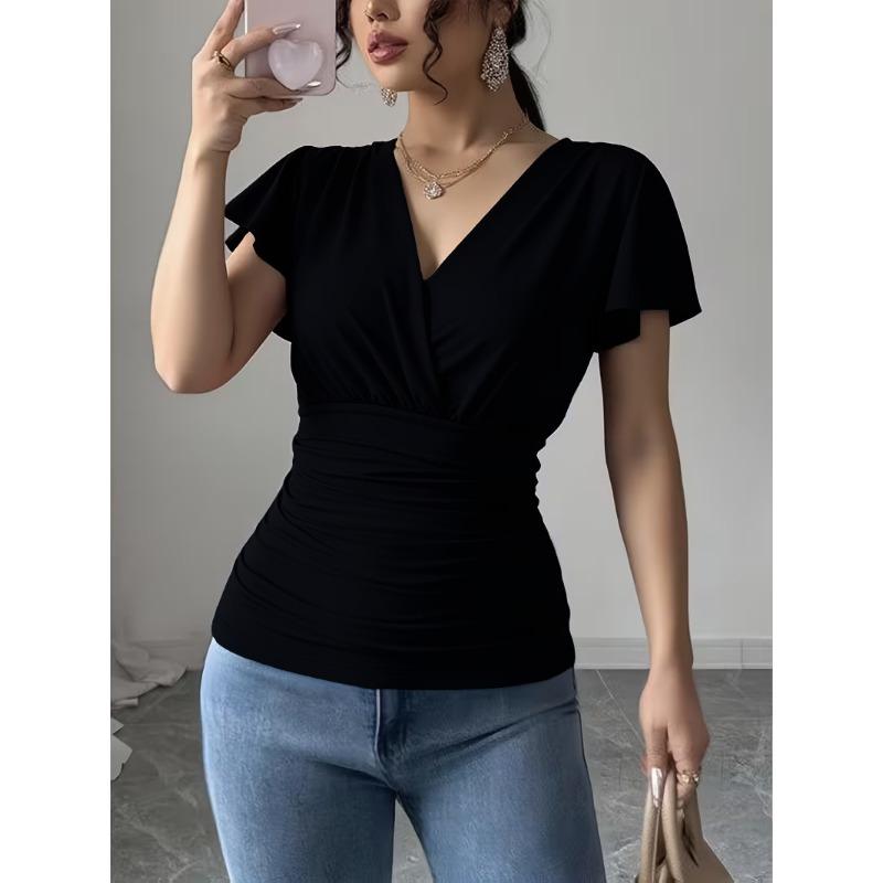 Women S Solid Color V Neck Short Sleeve Slim Fit T Shirt XS