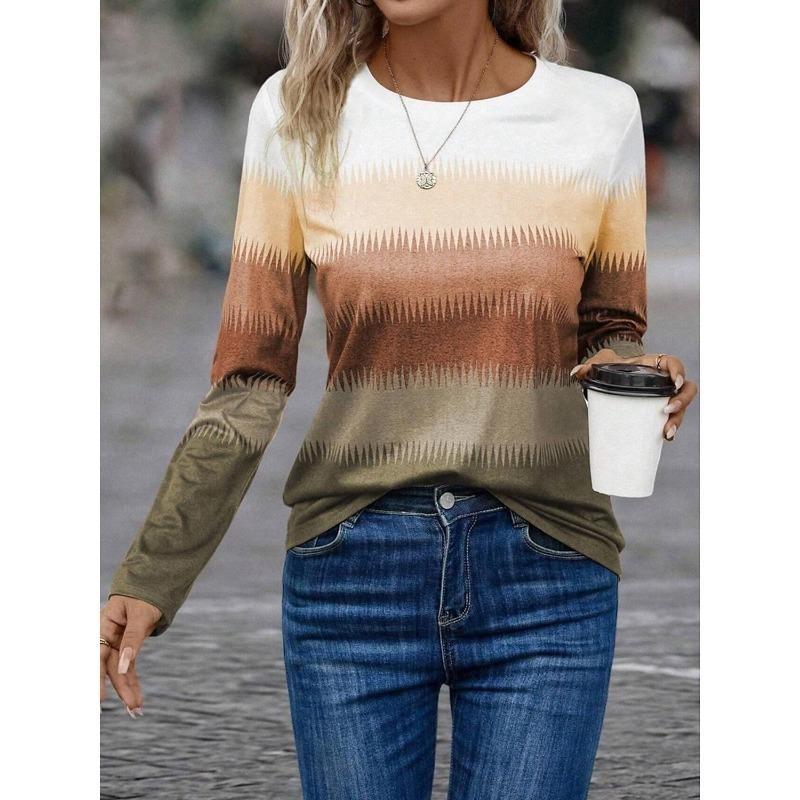 Gradient Stripe Print Autumn Long Sleeves Women's T-shirts Fashion Casual Tops Daily Loose Crew Neck Women Clothing