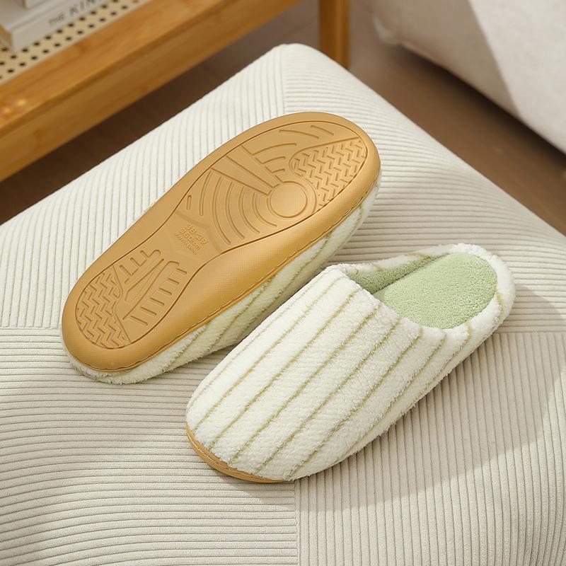 Japanese striped plush warm couple slippers autumn and winter new indoor soft bottom non-slip home cotton slippers