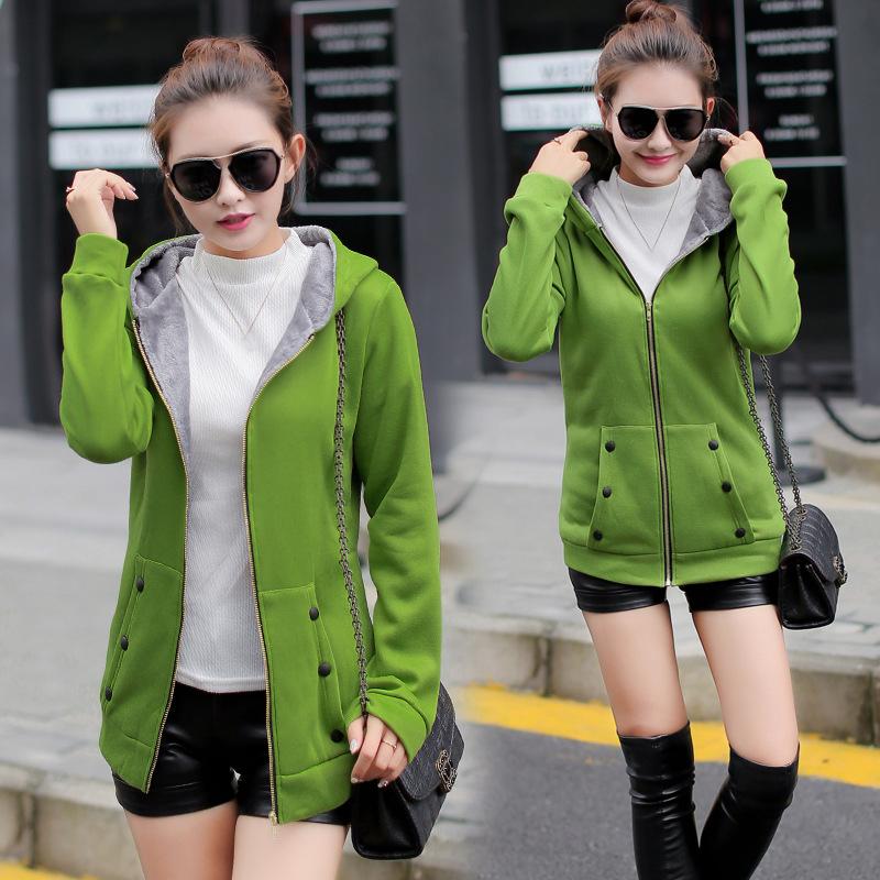 Women's Fleece Lined Hooded Jacket Thickened Autumn Winter Mid Length Coat Inner Fur Versatile Cardigan