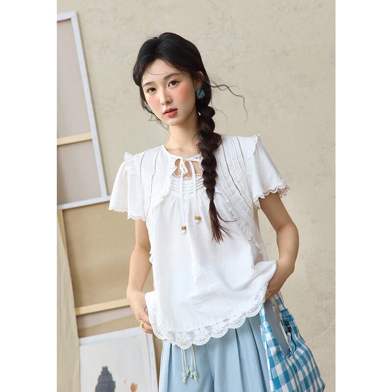 Women s White Lace-up Ruffle Trim Blouse S