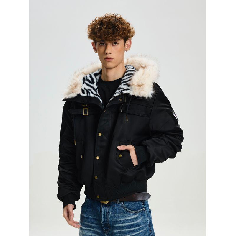 Cabbage Coke American Retro Leopard Print Hooded Fur Collar Thickened Red Star Armband Pilot Street Cotton Jacket for Men